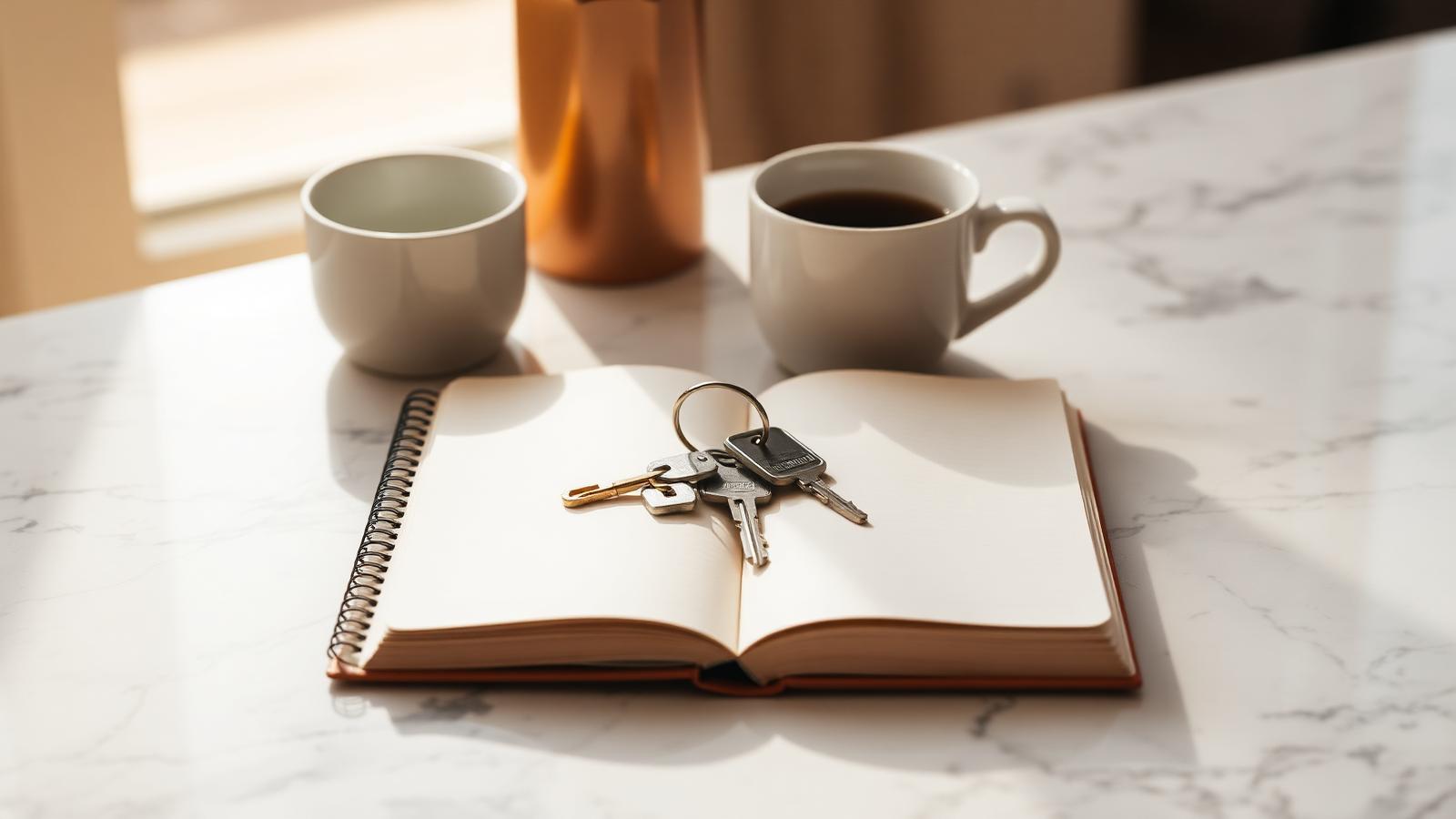 House keys and a notebook on a marble counter with morning coffee.