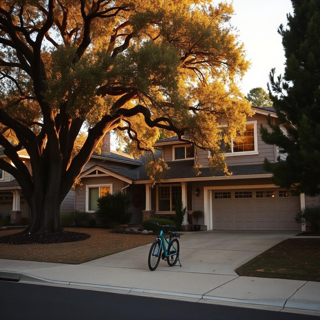 Suburban family home in Lafayette California with mature oak trees at golden hour.