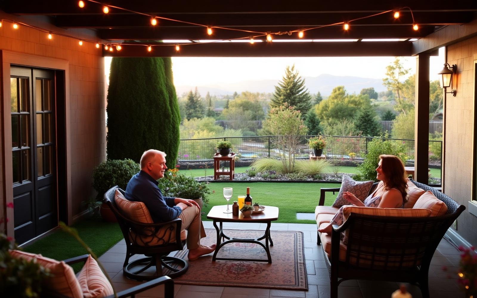 Backyard patio with string lights overlooking East Bay hills.
