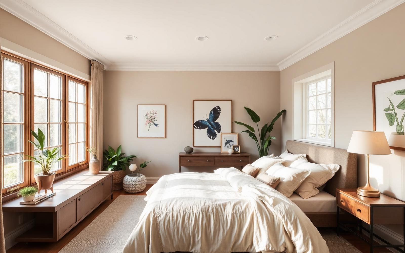 Softly lit primary bedroom styled for a listing.