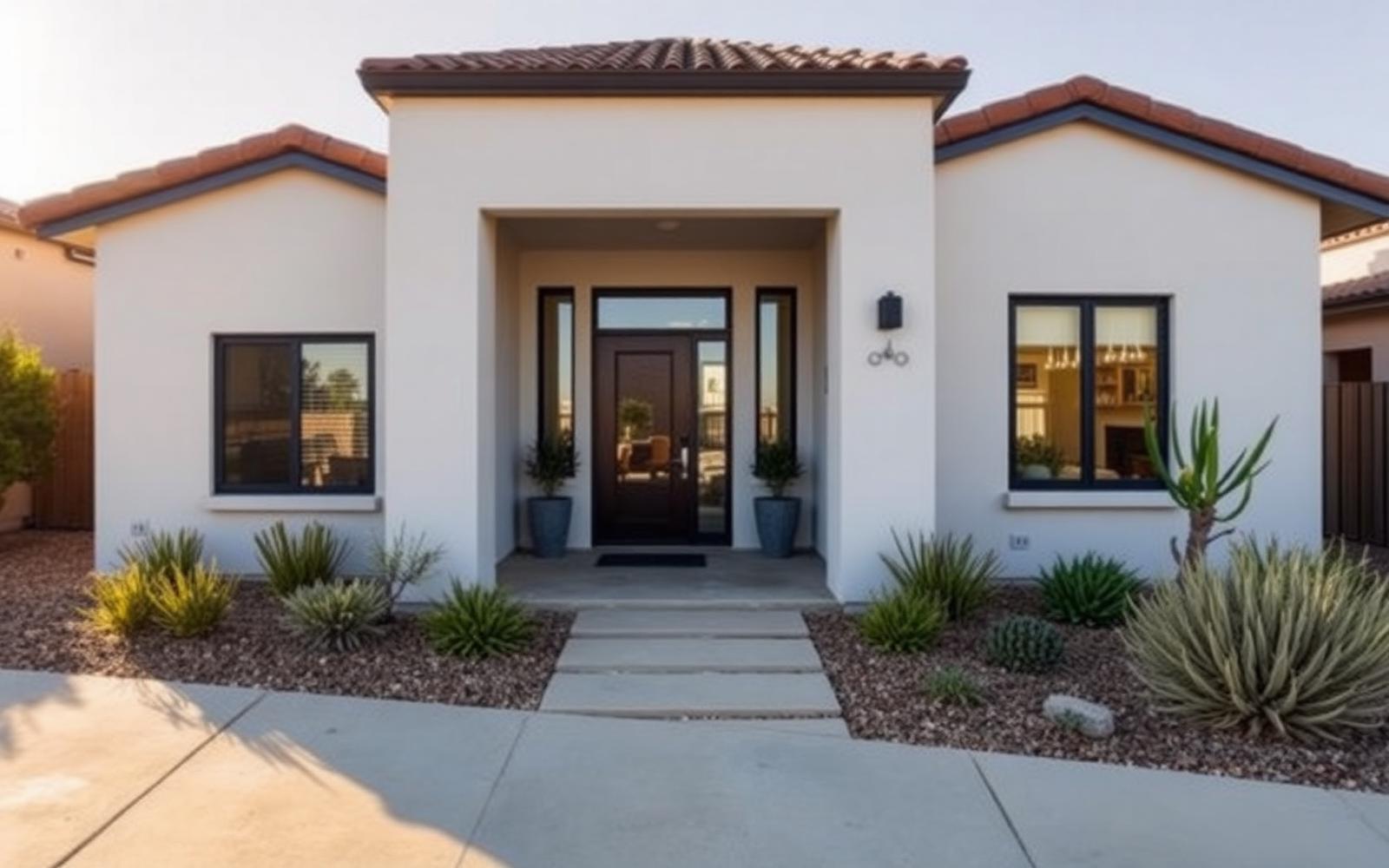 Modern California single-family home with drought-tolerant landscaping.