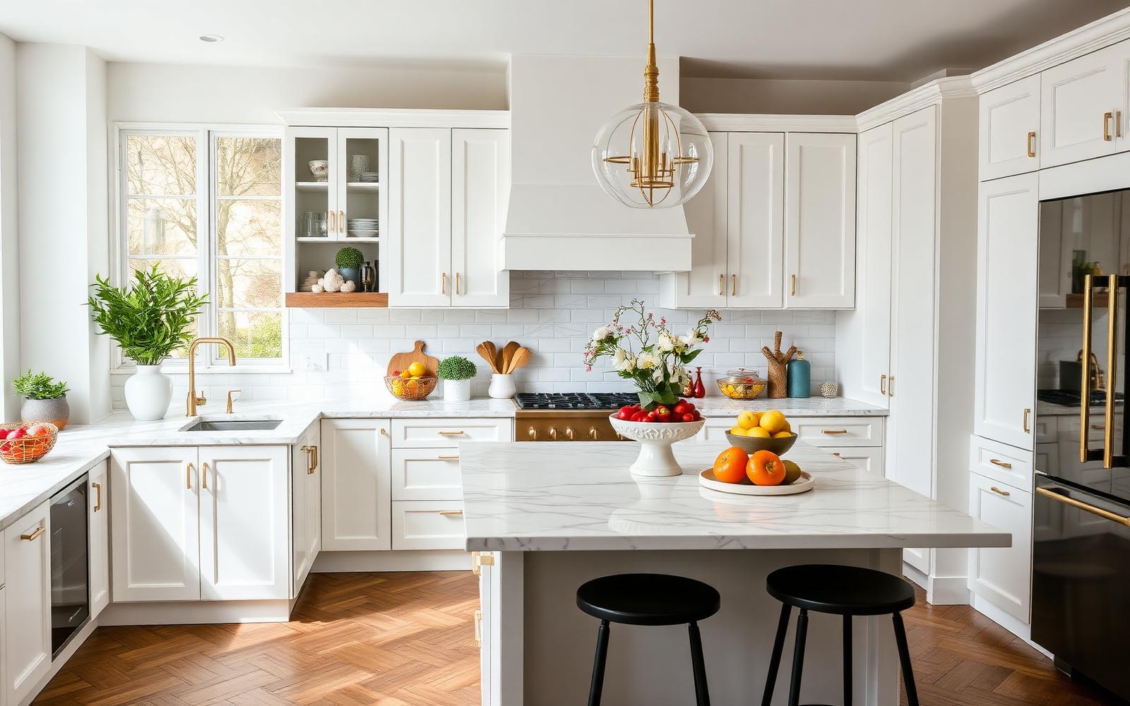 Bright modern kitchen with marble island and brass fixtures.