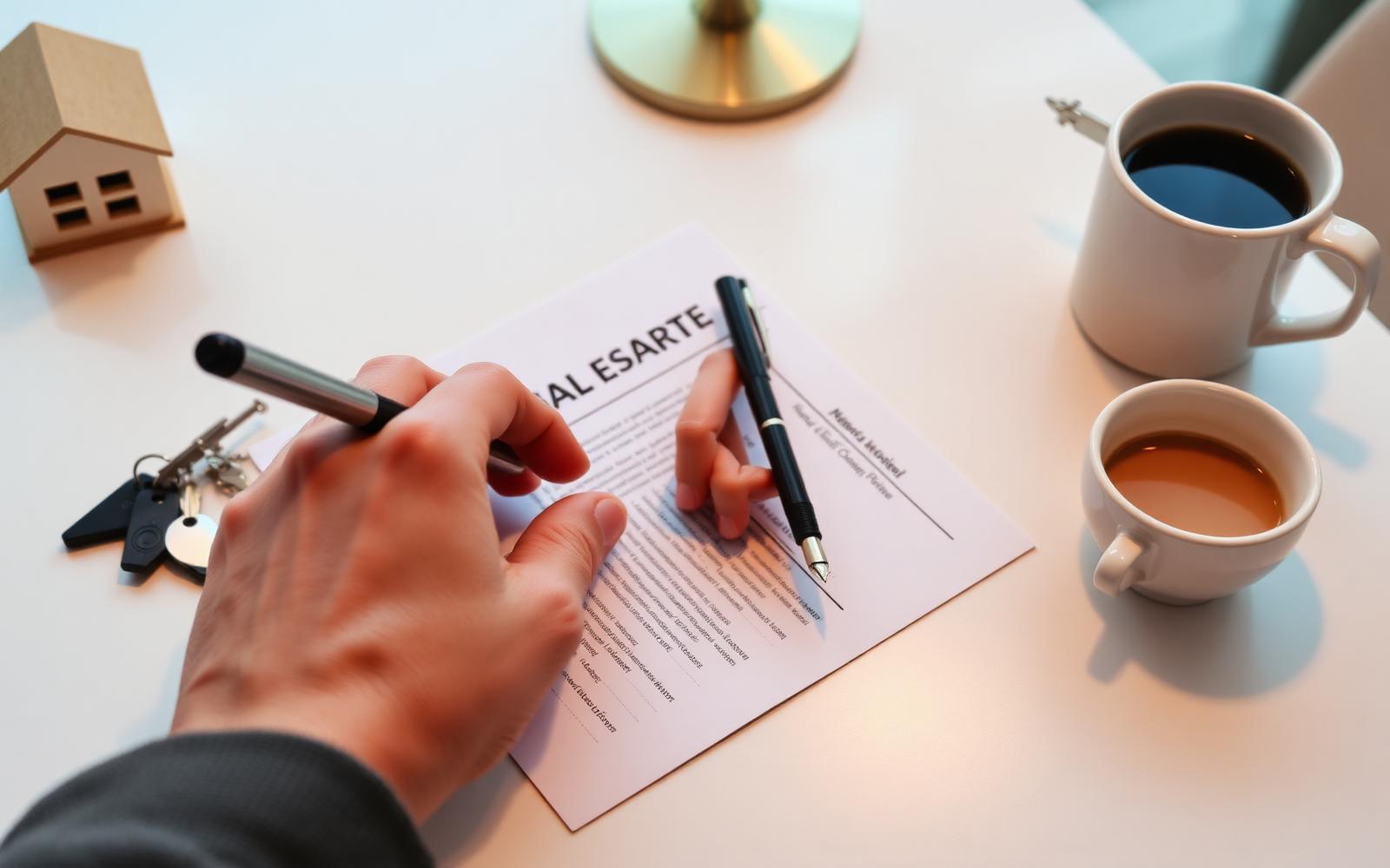 Hands signing a real estate contract next to a set of keys.