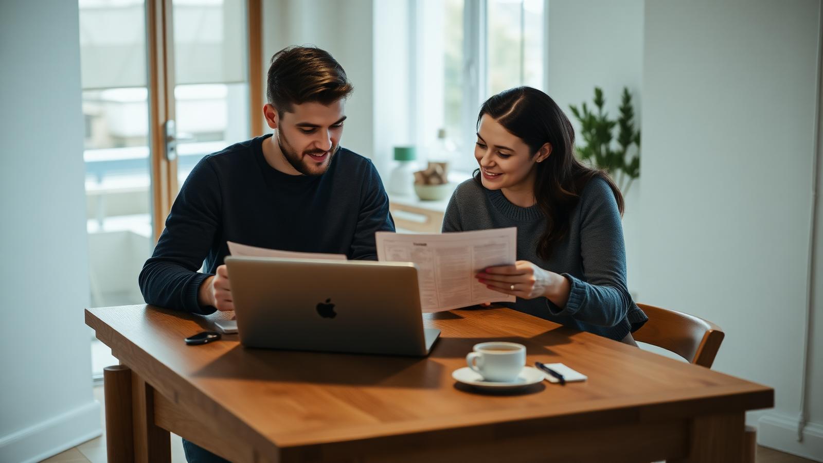 First-time homebuyers reviewing paperwork at a kitchen table.