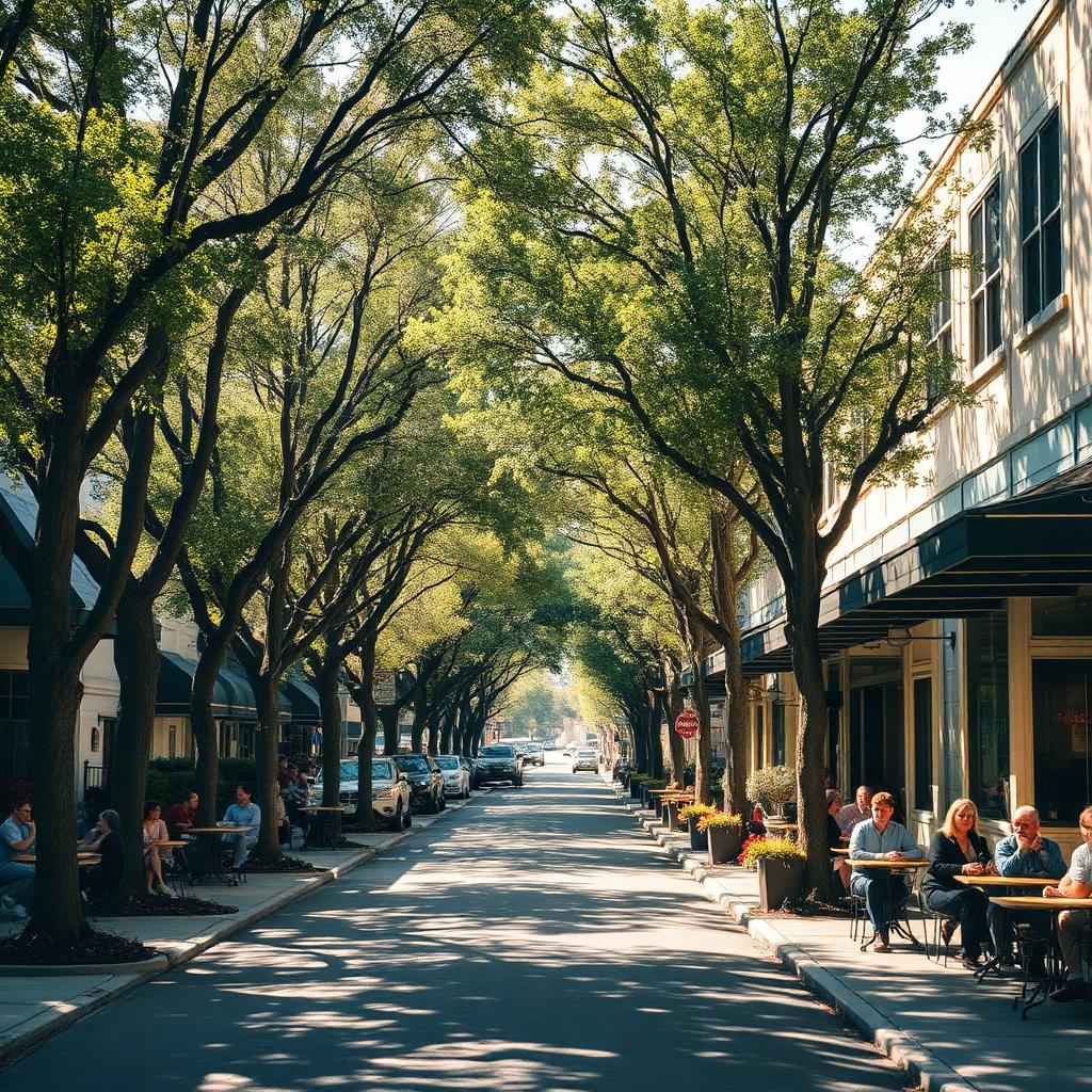 Tree-lined downtown Walnut Creek street with outdoor cafes on a sunny afternoon.